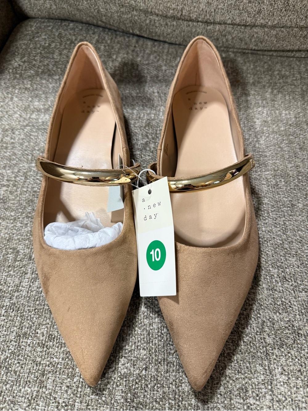 a new day Tan Pointed Mary Jane Flats with Gold Strap